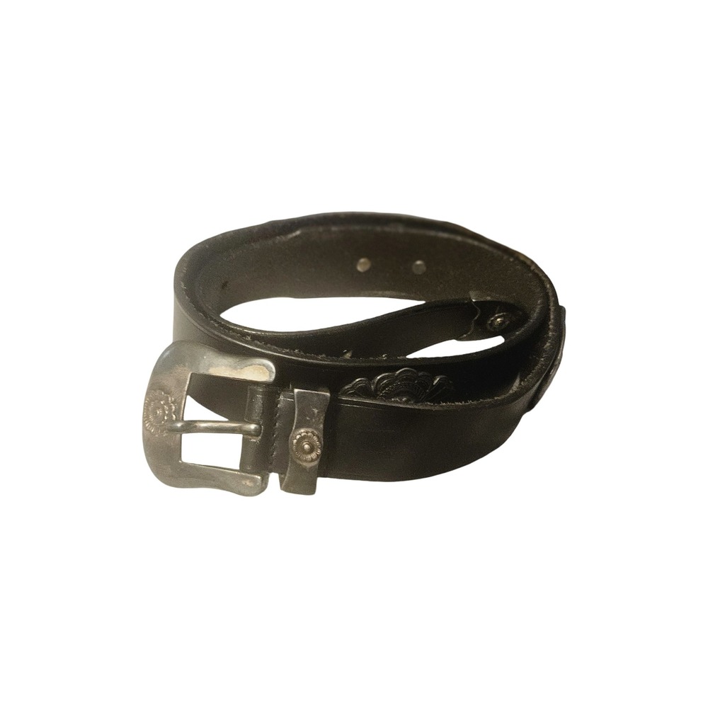 Vintage Black Leather Western Concho Belt Silver Floral Buckle Boho 37 Inch - Picture 1 of 4